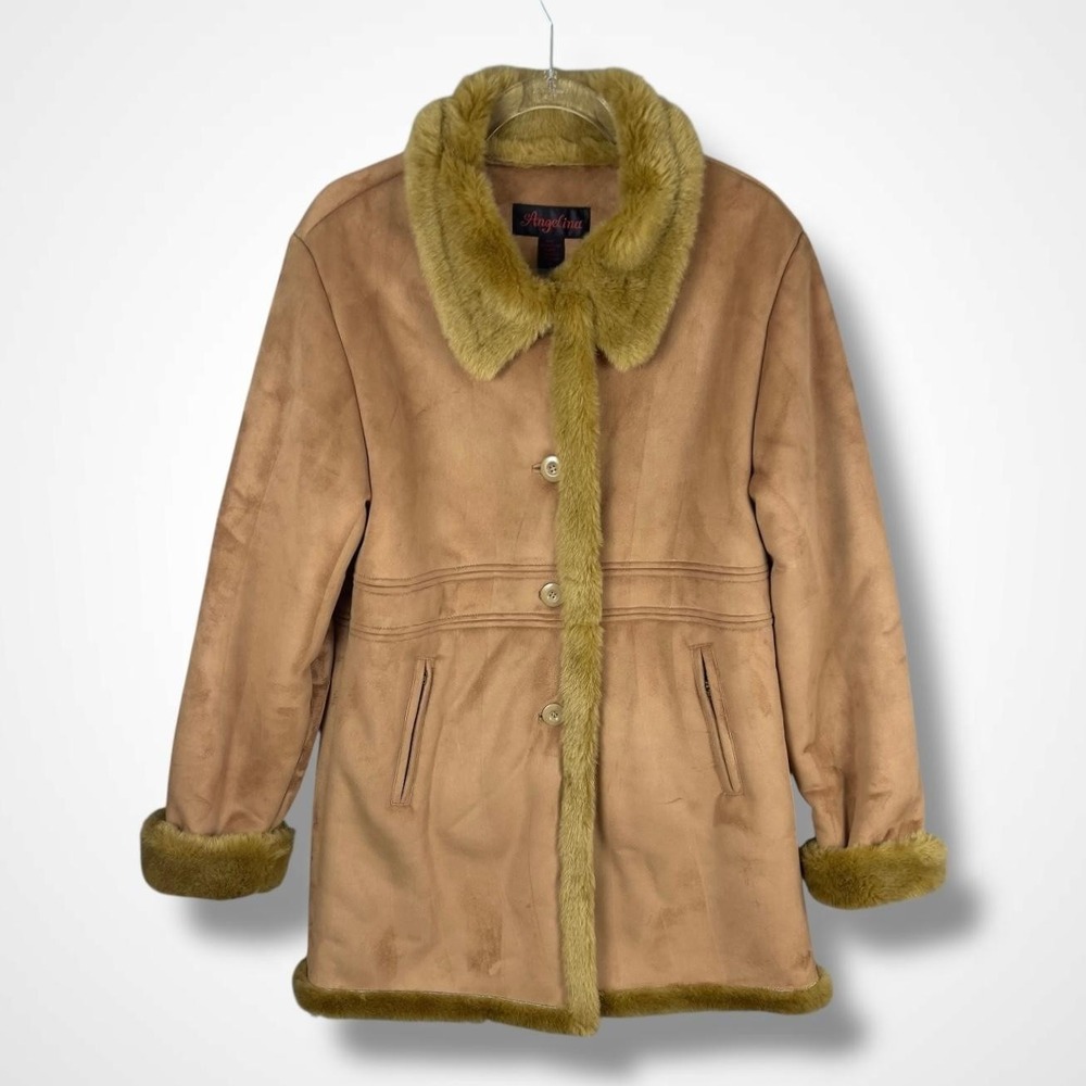 Angelina Coat‎ Womens Medium Brown Faux Fur Lined Overcoat Button Mid-Length